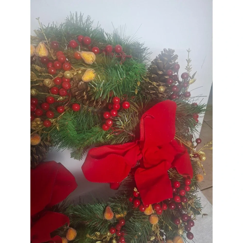 Christmas Wreath Red Velvet Bows Berries Pinecones Artificial Holiday Decor